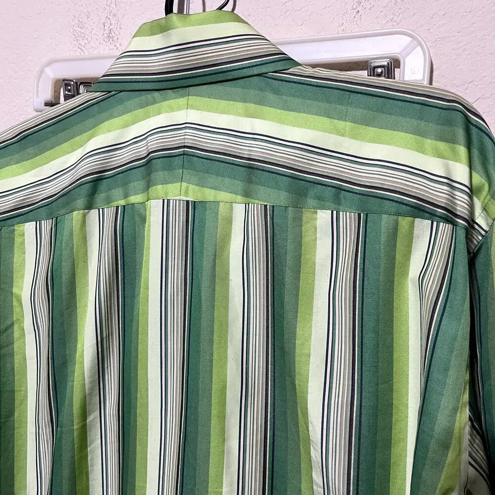 Banana Republic Green Stripe Dress Shirt button up flip contrast cuffs L 16/16.5